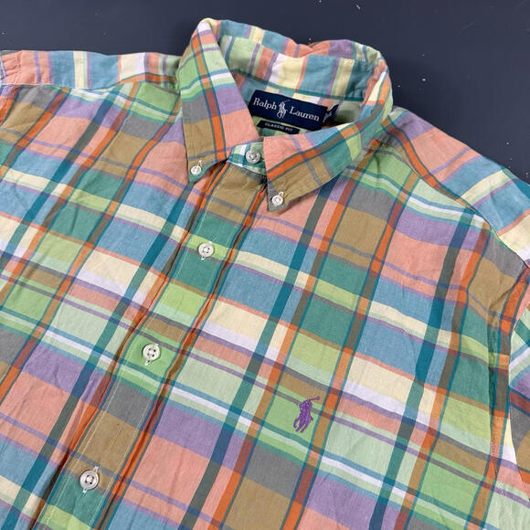 Ralph Lauren Shirt Mens XL Green Peach India Madras Plaid Summer Breezy - Picture 2 of 7